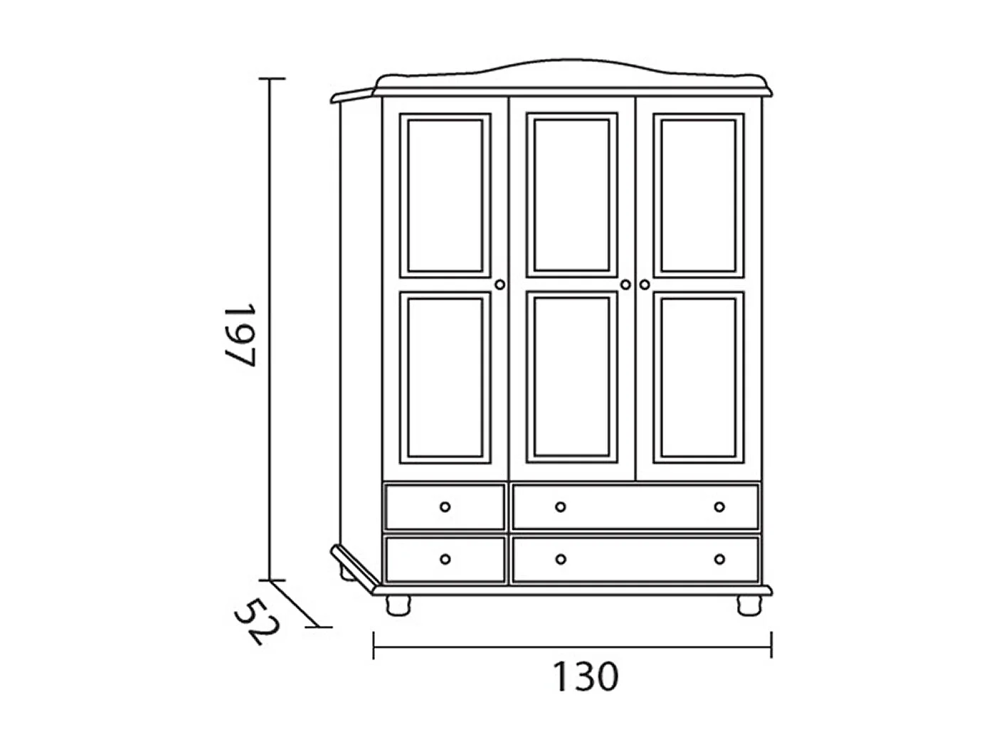 Armoire, meuble de rangement en pin massif coloris miel avec 3 portes et 4 tiroirs - Longueur 130 x Profondeur 52 x Hauteur 197 cm