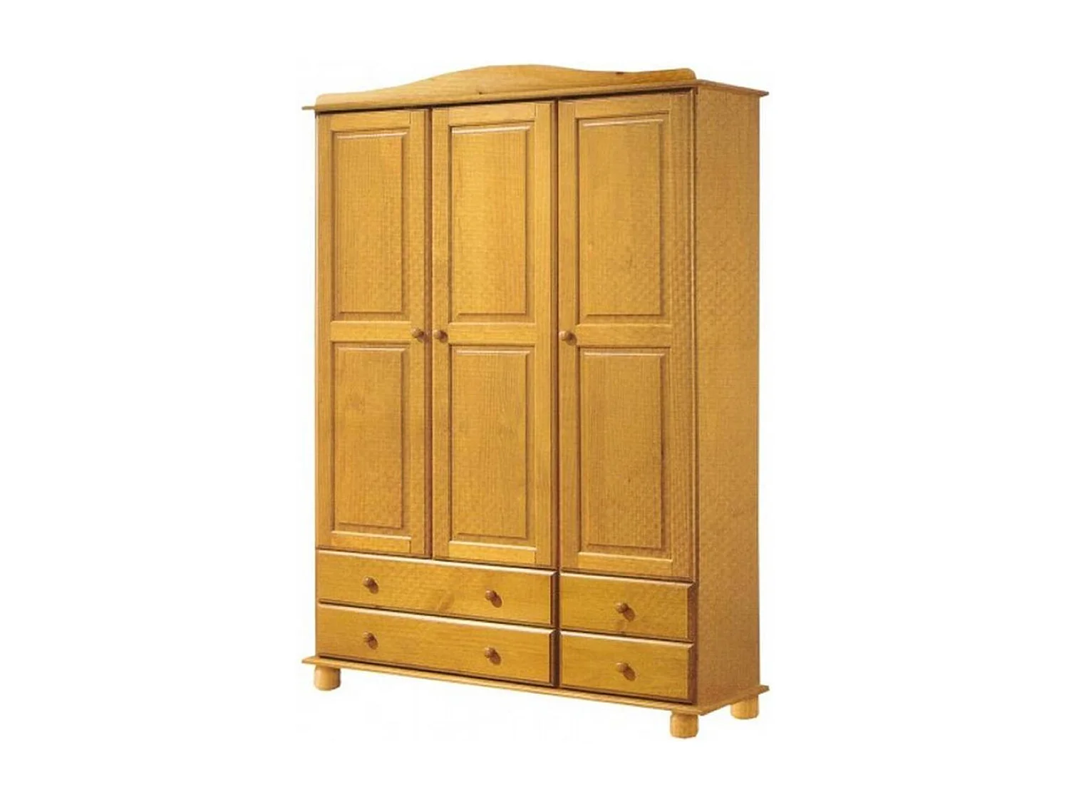 Armoire, meuble de rangement en pin massif coloris miel avec 3 portes et 4 tiroirs - Longueur 130 x Profondeur 52 x Hauteur 197 cm