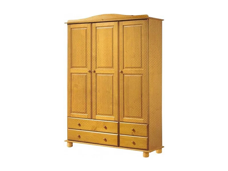Armoire, meuble de rangement en pin massif coloris miel avec 3 portes et 4 tiroirs - Longueur 130 x Profondeur 52 x Hauteur 197 cm