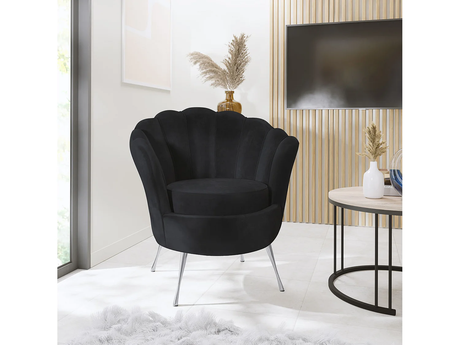 Fauteuil Coquille Cara - Fauteuil Cocktail En Velours, Design Art Déco, Pieds Argentés, 82x55x70cm Noir