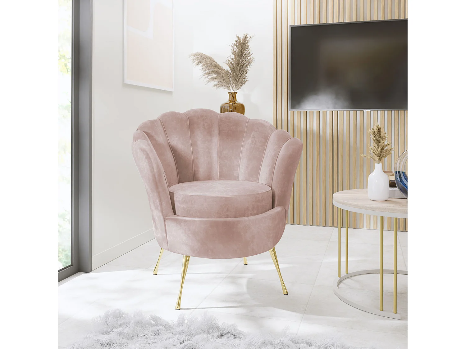Fauteuil Coquille Cara - Fauteuil Cocktail En Velours, Design Art Déco, Pieds Dorés, 82x55x70cm Rose Poudré