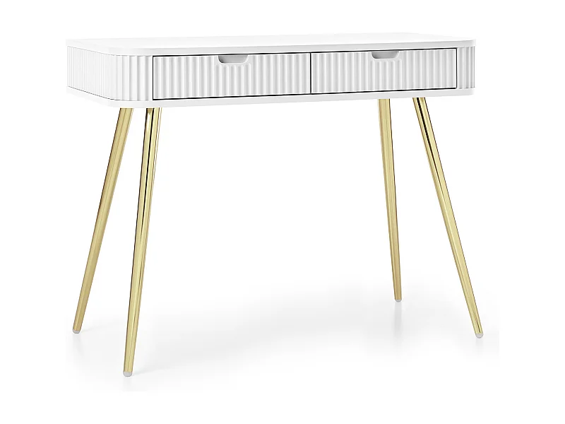 Coiffeuse style champêtre "ZOVA", table console, bureau avec tiroirs, pieds métalliques or 103/80/49 cm, couleur : Blanc