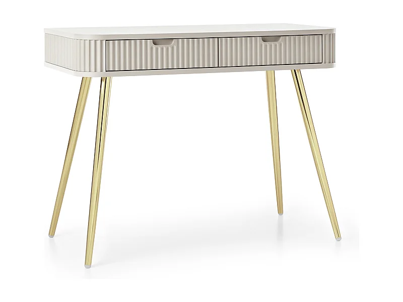 Landhausstil Schminktisch "ZOVA", Konsolentisch, Schreibtisch mit Schubladen, geriffelte Fronten, Metallfüße, Gold 103/80/49 cm