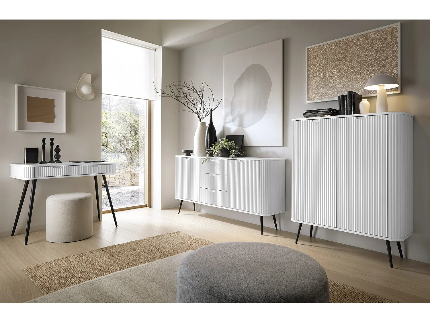 Landhausstil Schminktisch "ZOVA", Konsolentisch, Schreibtisch mit Schubladen, geriffelte Fronten, Metallfüße, Schwarz, Weiss 103/80/49 cm