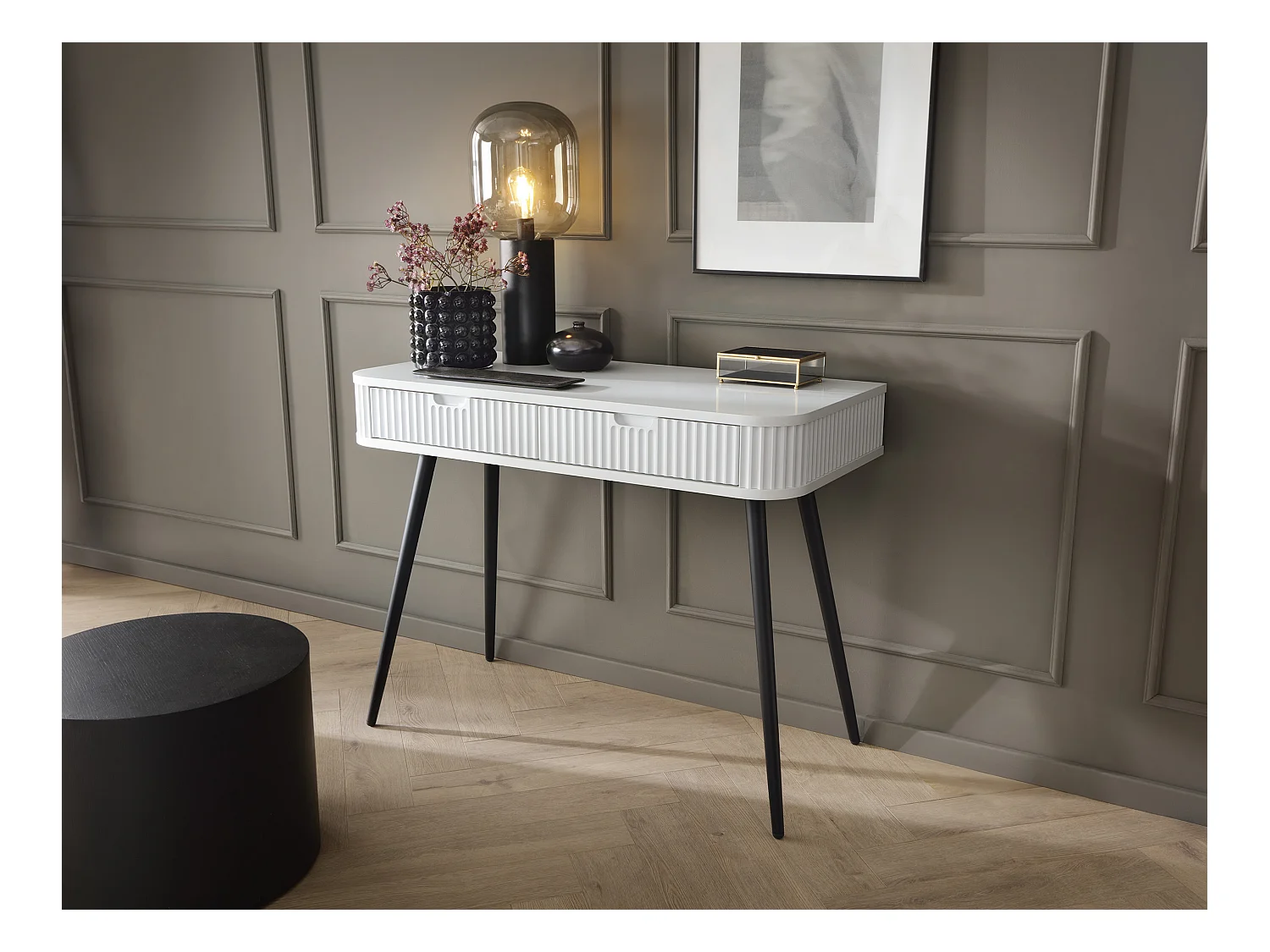 Coiffeuse style champêtre "ZOVA", table console, bureau avec tiroirs, pieds métalliques noirs 103/80/49 cm, couleur : Blanc