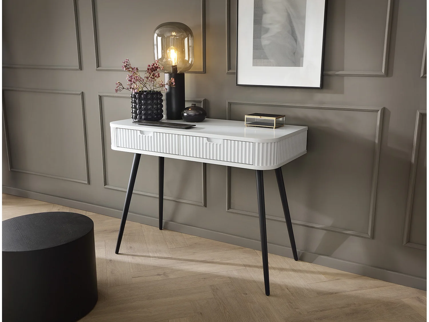 Toaletka w stylu wiejskim "ZOVA", konsola, biurko z szufladami, metalowe nogi czarne 103/80/49 cm, kolor: biały