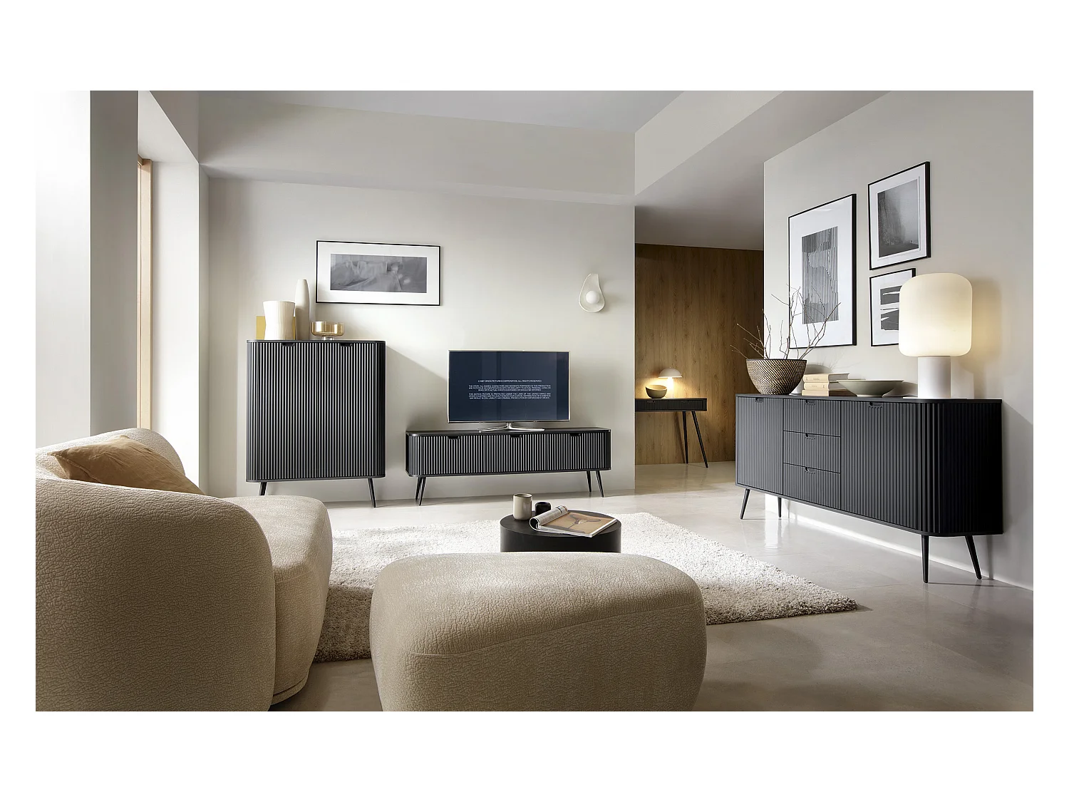 Landhausstil Schminktisch "ZOVA", Konsolentisch, Schreibtisch mit Schubladen, geriffelte Fronten, Metallfüße, Schwarz, Cashmere Beige 103/80/49 cm