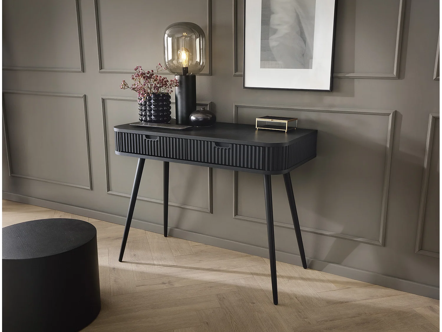 Coiffeuse style champêtre "ZOVA", table console, bureau avec tiroirs, pieds métalliques noirs 103/80/49 cm, couleur : Beige Cashmere
