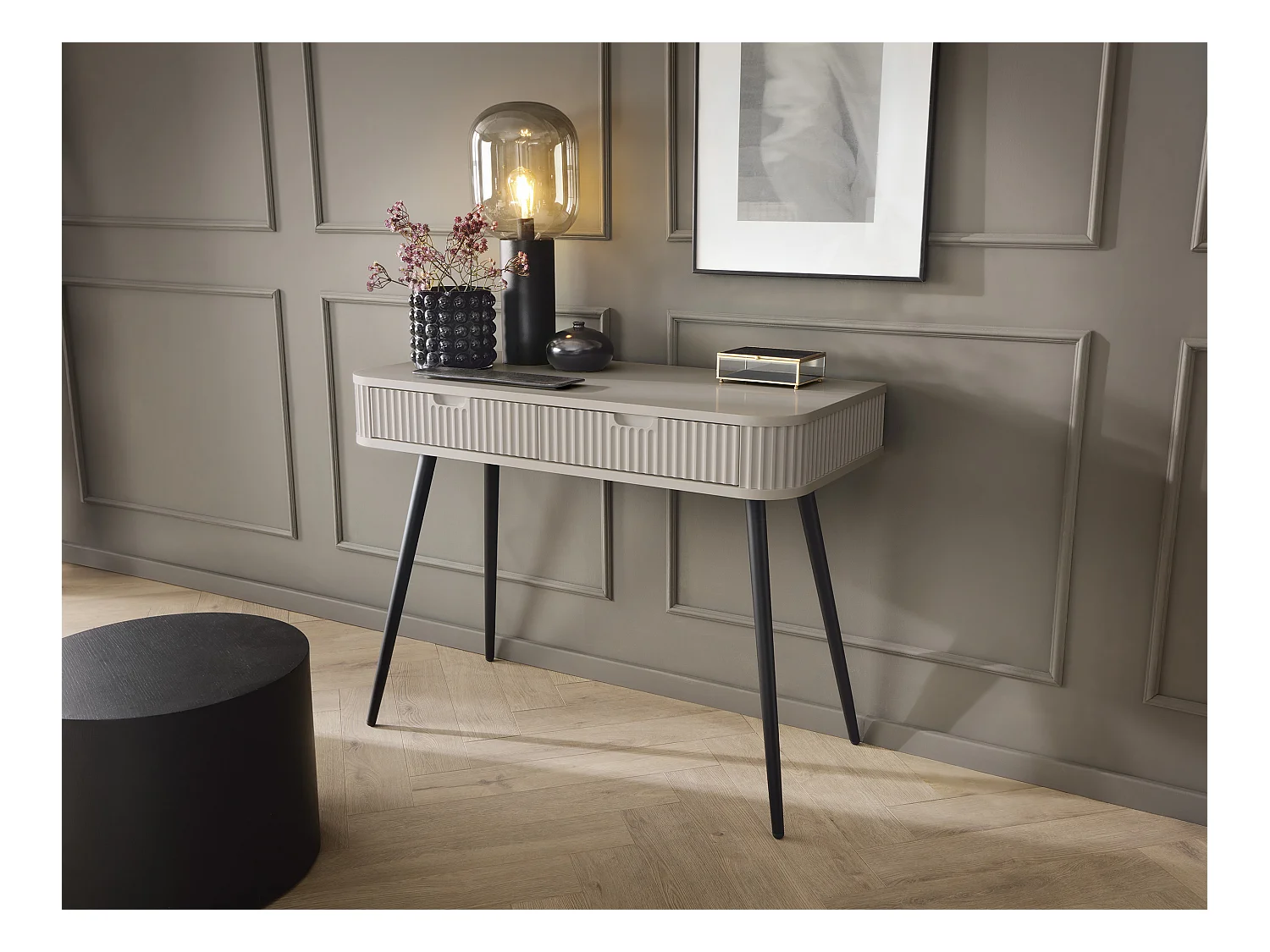 Landhausstil Schminktisch "ZOVA", Konsolentisch, Schreibtisch mit Schubladen, geriffelte Fronten, Metallfüße, Schwarz 103/80/49 cm