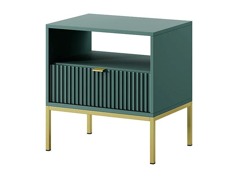 Table de Nuit Élégante Nova – Design avec poignée dorée, Façade Geriffelt, Pratique & Moderne, 54x56x39 cm, Labrador mat, Pieds métal dorés