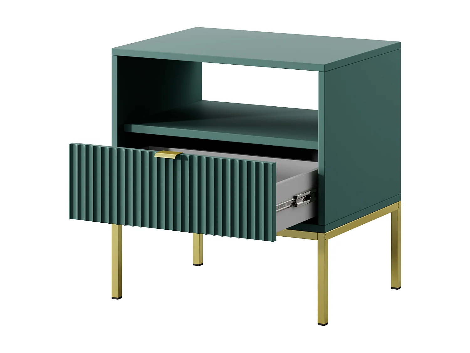 Table de Nuit Élégante Nova – Design avec poignée dorée, Façade Geriffelt, Pratique & Moderne, 54x56x39 cm, Labrador mat, Pieds métal dorés