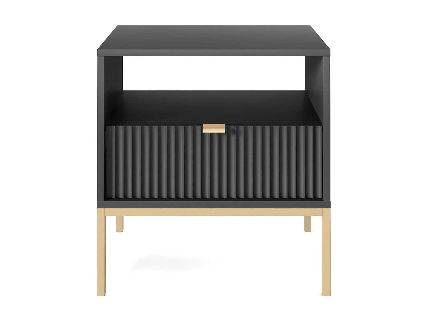 Stolik Nocny Elegancki Nova – Design z złotym uchwytem, fasada Geriffelt, praktyczny i nowoczesny, 54x56x39 cm, matowa czerń, złote metalowe nogi