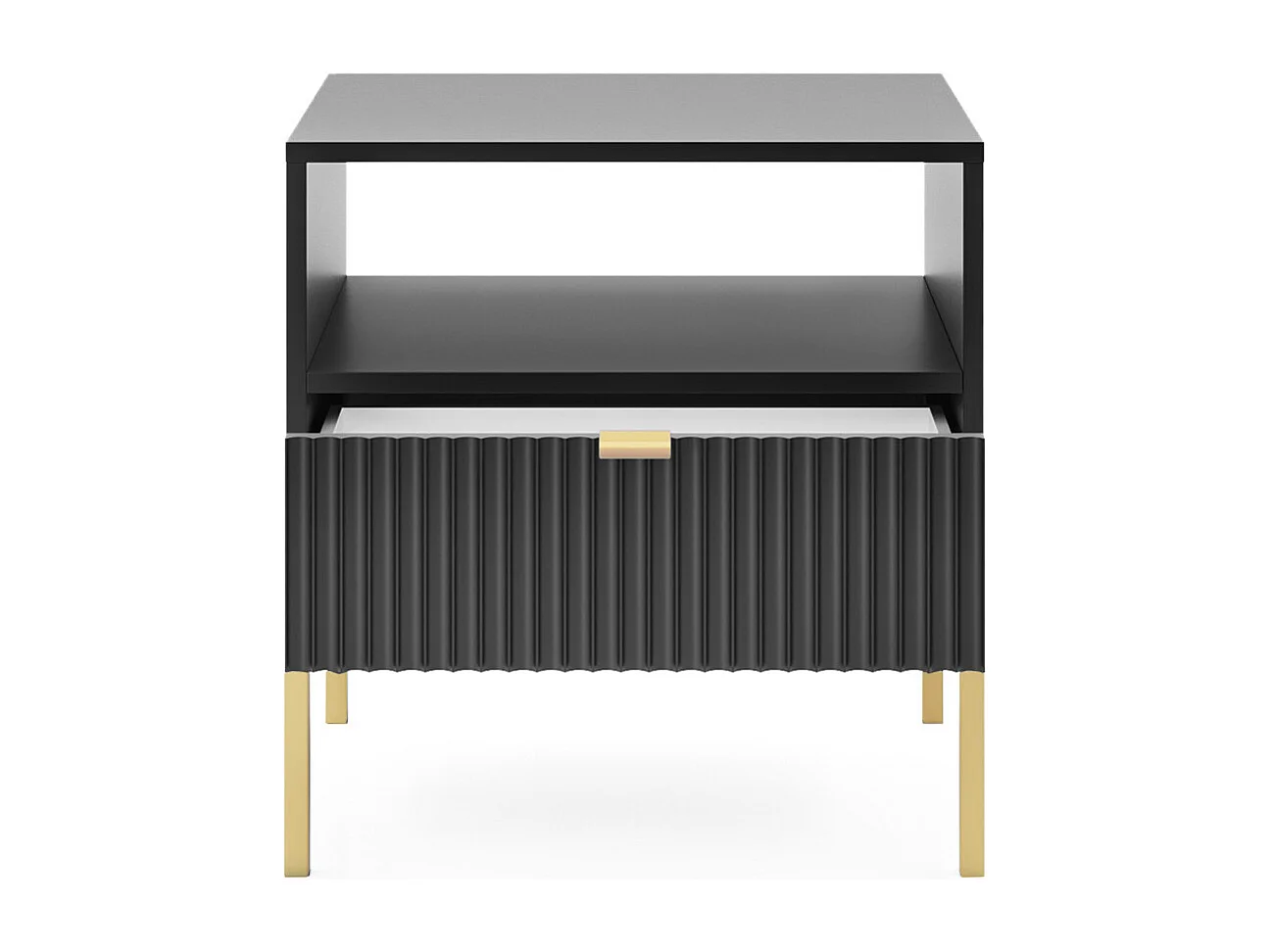 Stolik Nocny Elegancki Nova – Design z złotym uchwytem, fasada Geriffelt, praktyczny i nowoczesny, 54x56x39 cm, matowa czerń, złote metalowe nogi