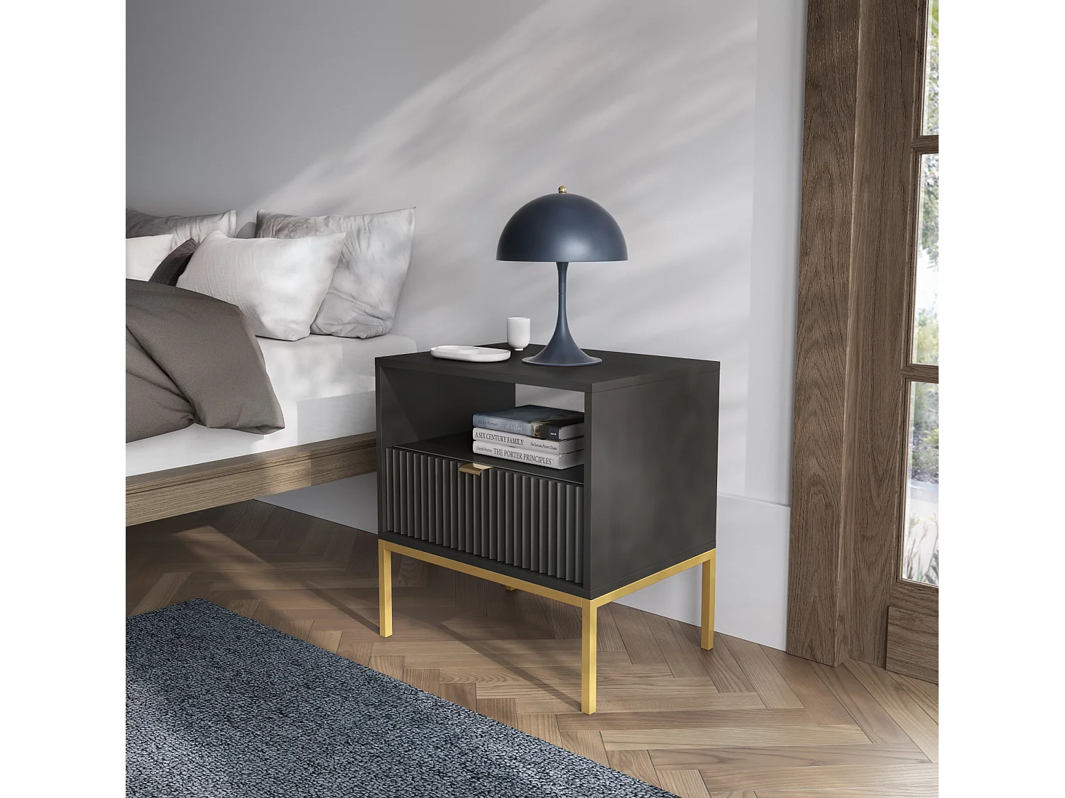 Stolik Nocny Elegancki Nova – Design z złotym uchwytem, fasada Geriffelt, praktyczny i nowoczesny, 54x56x39 cm, matowa czerń, złote metalowe nogi