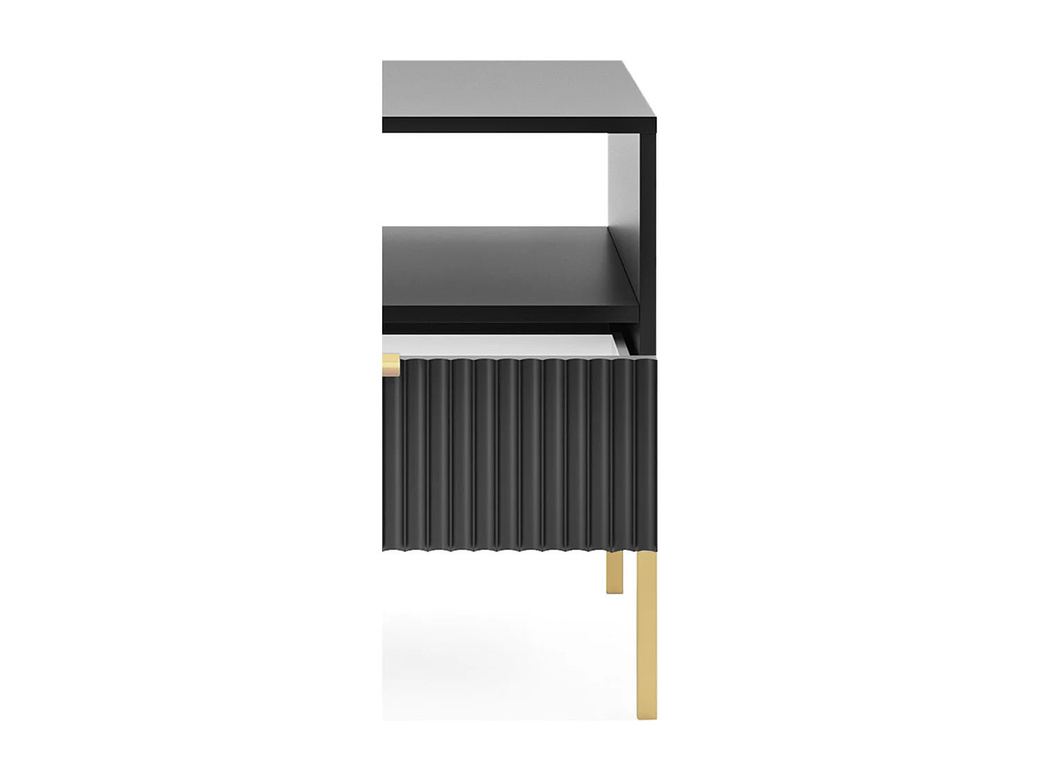 Table de Nuit Élégante Nova – Design avec poignée dorée, Façade Geriffelt, Pratique & Moderne, 54x56x39 cm, Noir mat, Pieds métal dorés