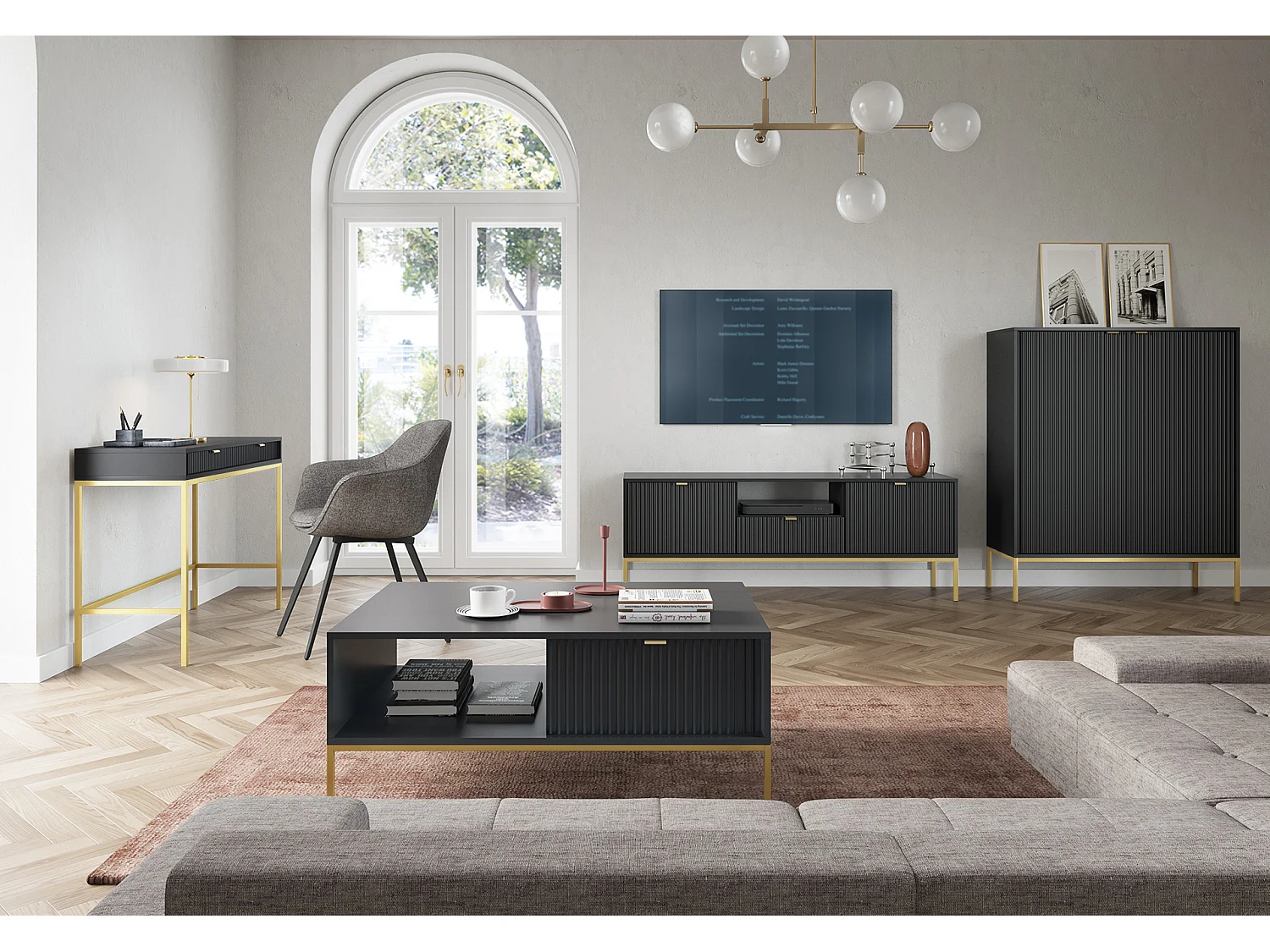 Table de Nuit Élégante Nova – Design avec poignée dorée, Façade Geriffelt, Pratique & Moderne, 54x56x39 cm, Noir mat, Pieds métal dorés