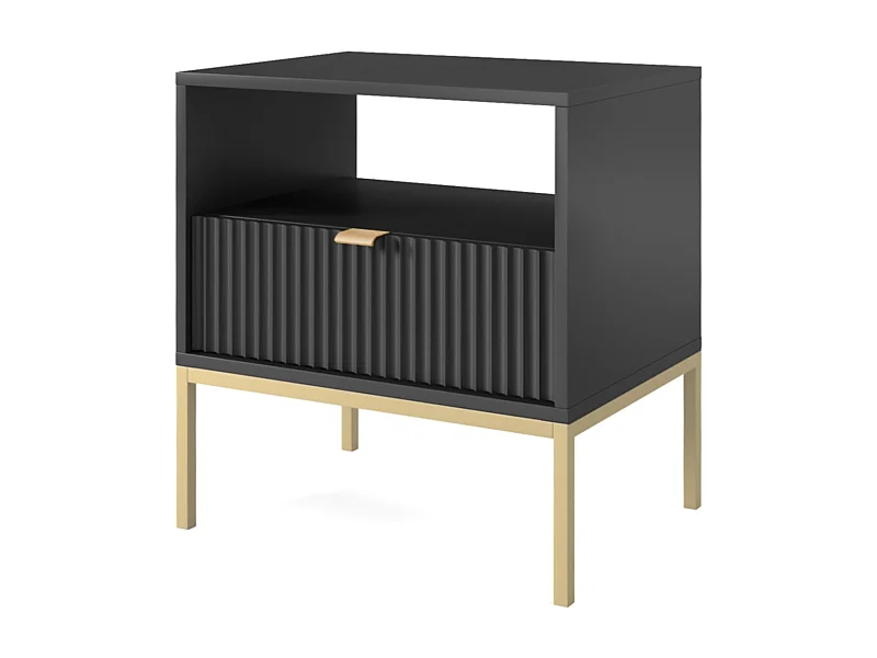 Stolik Nocny Elegancki Nova – Design z złotym uchwytem, fasada Geriffelt, praktyczny i nowoczesny, 54x56x39 cm, matowa czerń, złote metalowe nogi