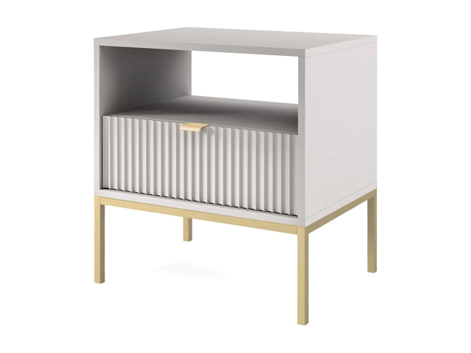 Stolik Nocny Elegancki Nova – Design z złotym uchwytem, fasada Geriffelt, praktyczny i nowoczesny, 54x56x39 cm, matowy szary, złote metalowe nogi