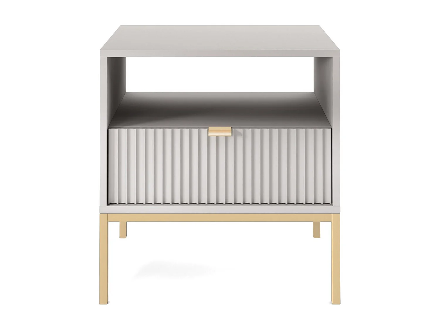 Table de Nuit Élégante Nova – Design avec poignée dorée, Façade Geriffelt, Pratique & Moderne, 54x56x39 cm, Gris mat, Pieds métal dorés