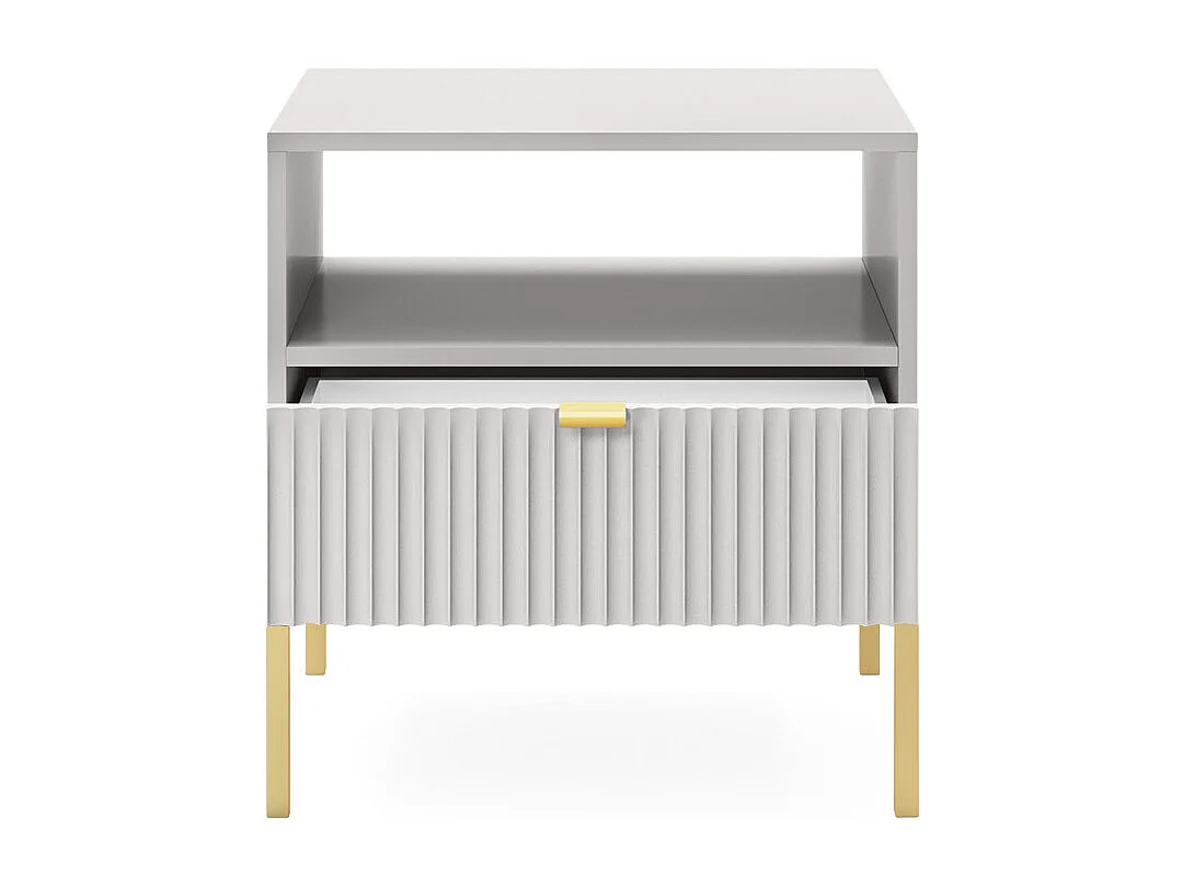 Table de Nuit Élégante Nova – Design avec poignée dorée, Façade Geriffelt, Pratique & Moderne, 54x56x39 cm, Gris mat, Pieds métal dorés