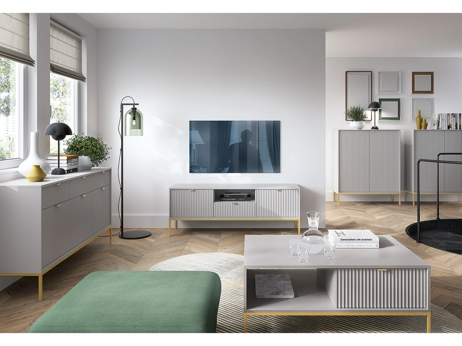 Table de Nuit Élégante Nova – Design avec poignée dorée, Façade Geriffelt, Pratique & Moderne, 54x56x39 cm, Gris mat, Pieds métal dorés