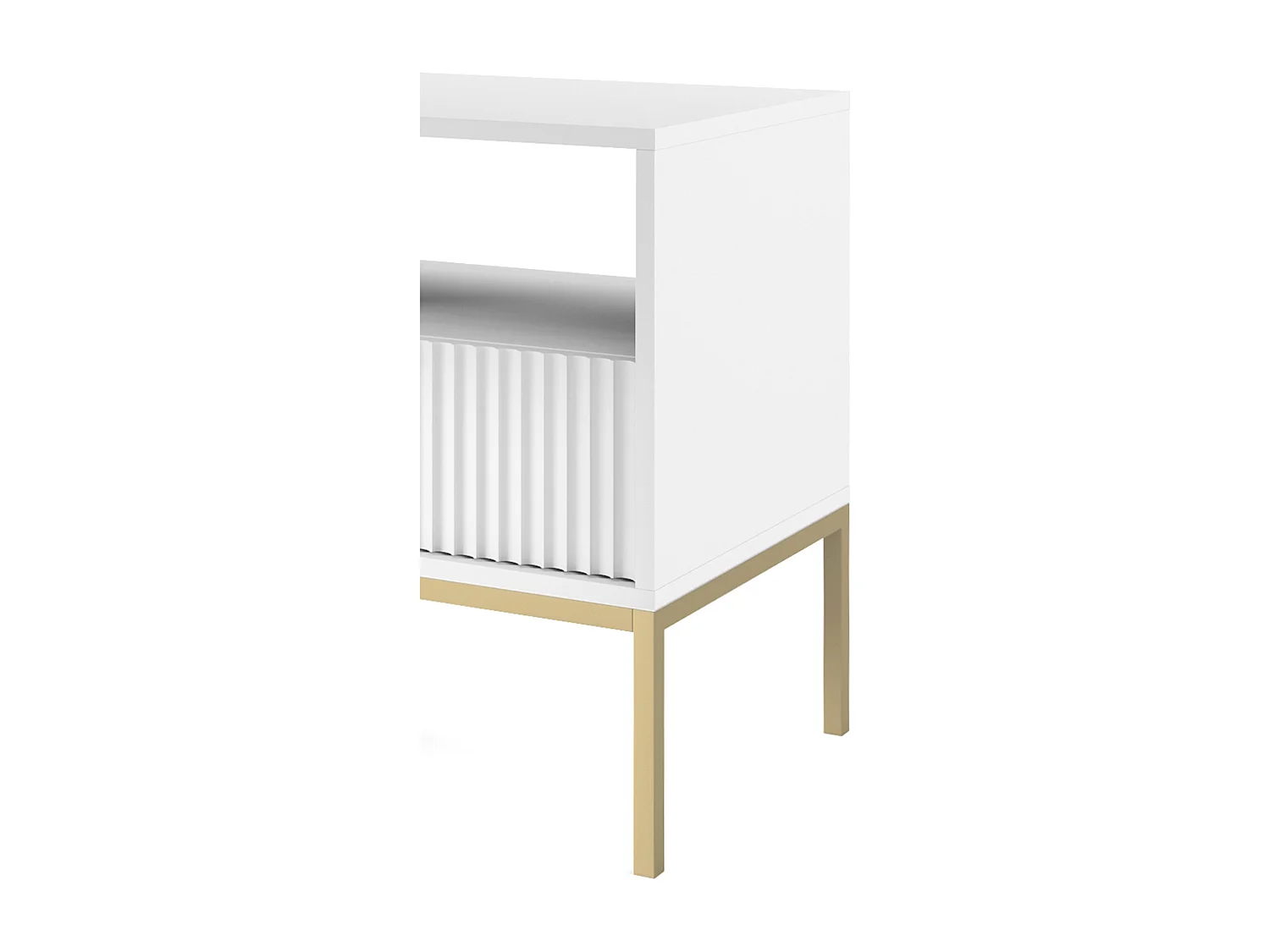 Stolik Nocny Elegancki Nova – Design z złotym uchwytem, fasada Geriffelt, praktyczny i nowoczesny, 54x56x39 cm, matowa biel, złote metalowe nogi