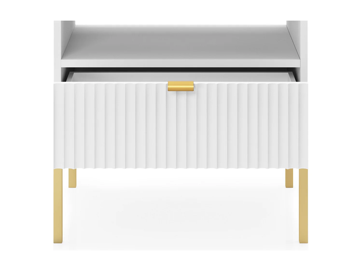 Stolik Nocny Elegancki Nova – Design z złotym uchwytem, fasada Geriffelt, praktyczny i nowoczesny, 54x56x39 cm, matowa biel, złote metalowe nogi