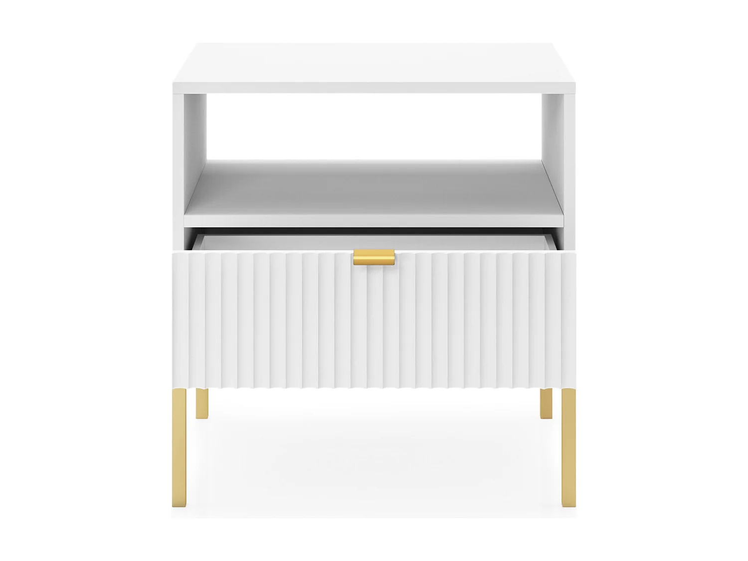 Table de Nuit Élégante Nova – Design avec poignée dorée, Façade Geriffelt, Pratique & Moderne, 54x56x39 cm, Blanc mat, Pieds métal dorés