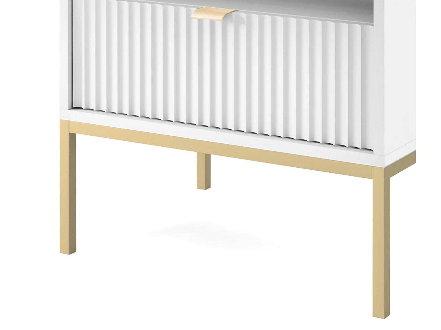 Table de Nuit Élégante Nova – Design avec poignée dorée, Façade Geriffelt, Pratique & Moderne, 54x56x39 cm, Blanc mat, Pieds métal dorés