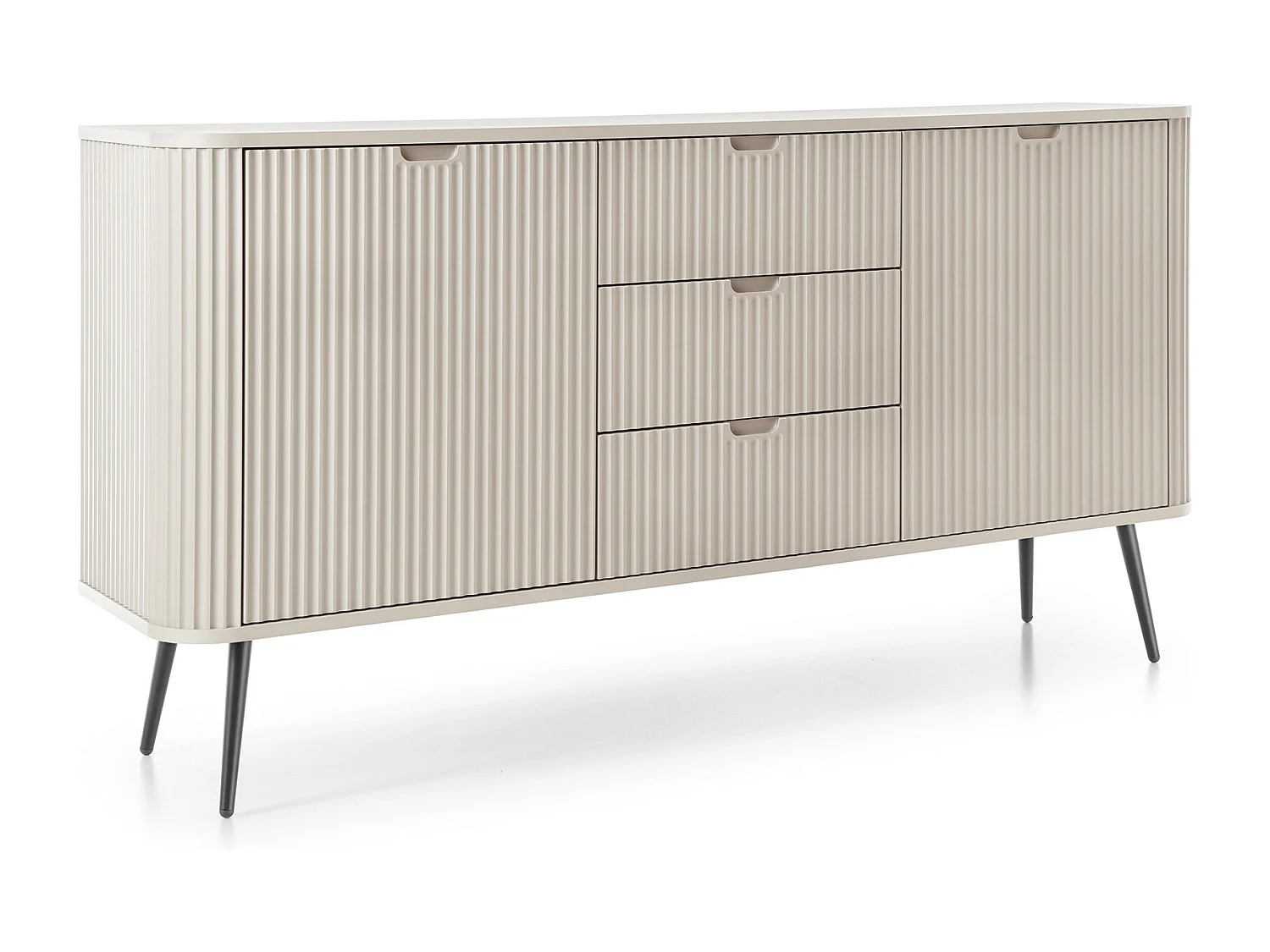 Brede ZOVA commode 168 cm met 3 lades, 2 kasten, vrije handgrepen – Moderne opbergoplossing met zwarte metalen poten 168/87/39 cm, kleur: Zwart