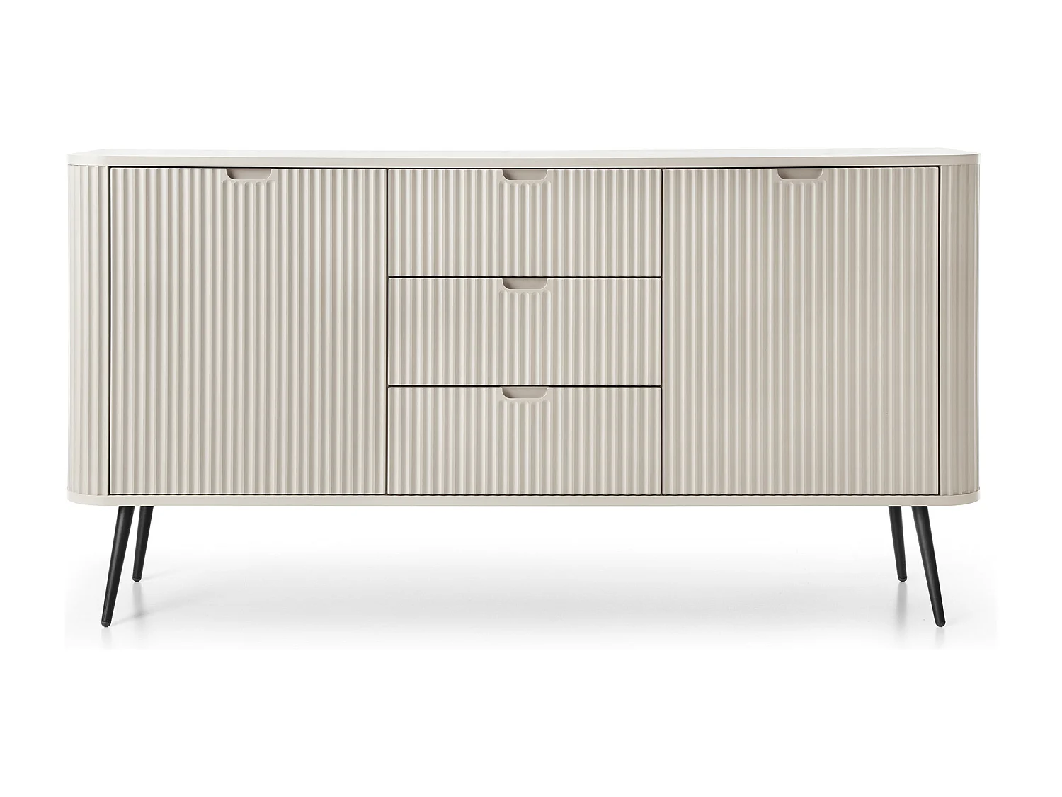 Brede ZOVA commode 168 cm met 3 lades, 2 kasten, vrije handgrepen – Moderne opbergoplossing met zwarte metalen poten 168/87/39 cm, kleur: Zwart