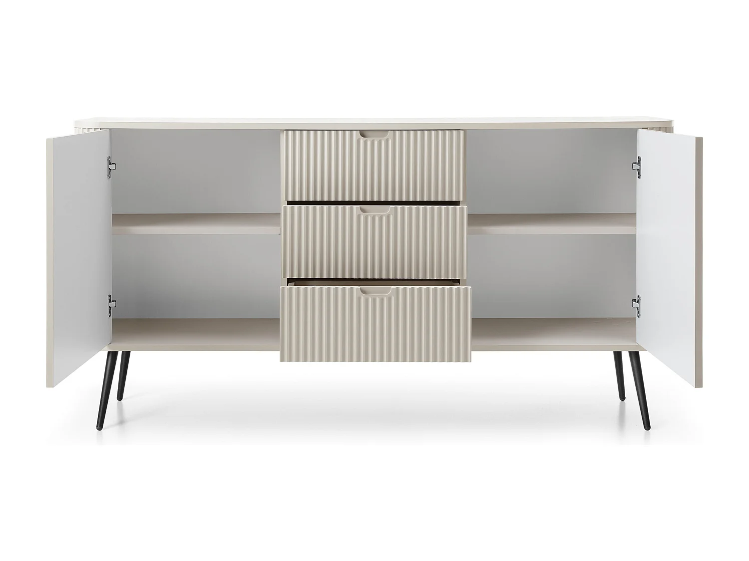 Brede ZOVA commode 168 cm met 3 lades, 2 kasten, vrije handgrepen – Moderne opbergoplossing met zwarte metalen poten 168/87/39 cm, kleur: Zwart