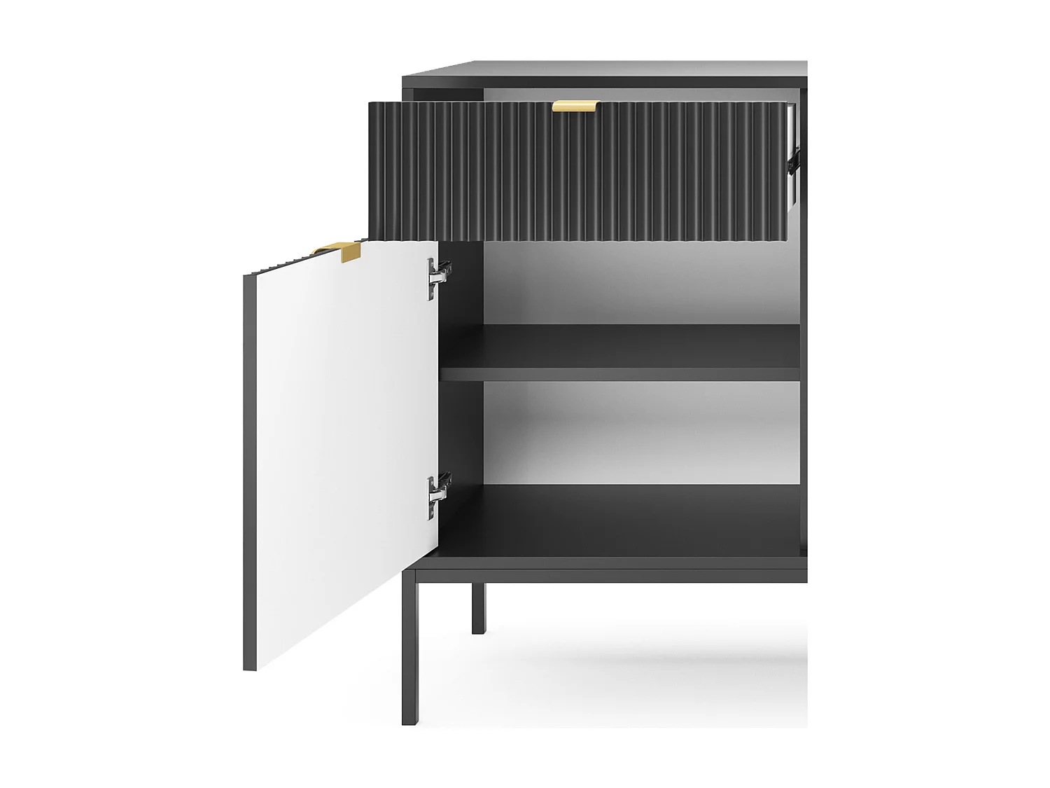 Elegante Kommode DomoHome NOVA 154x83x39cm, Geriffelte Front, Goldene Griffe, Vielseitiges Design 3 Schubladen und 3 Türen Schwarz, Schwarzer Rahmen