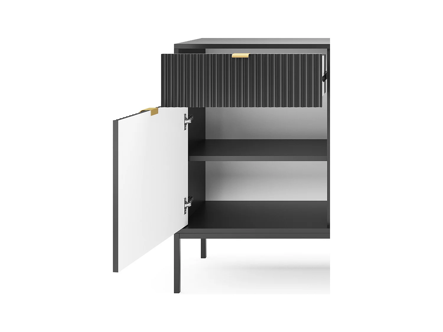 Commode Élégante DomoHome NOVA – 154x83x39cm, Façade Geriffelt, Poignées dorées, Design polyvalent, 3 tiroirs et 3 portes, Noir, Cadre noir