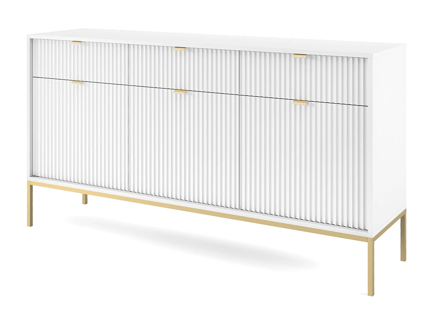Elegante Kommode DomoHome NOVA – 154x83x39cm, Geriffelte Front, Goldene Griffe, Vielseitiges Design, 3 Schubladen und 3 Türen, Weiß, Goldrahmen