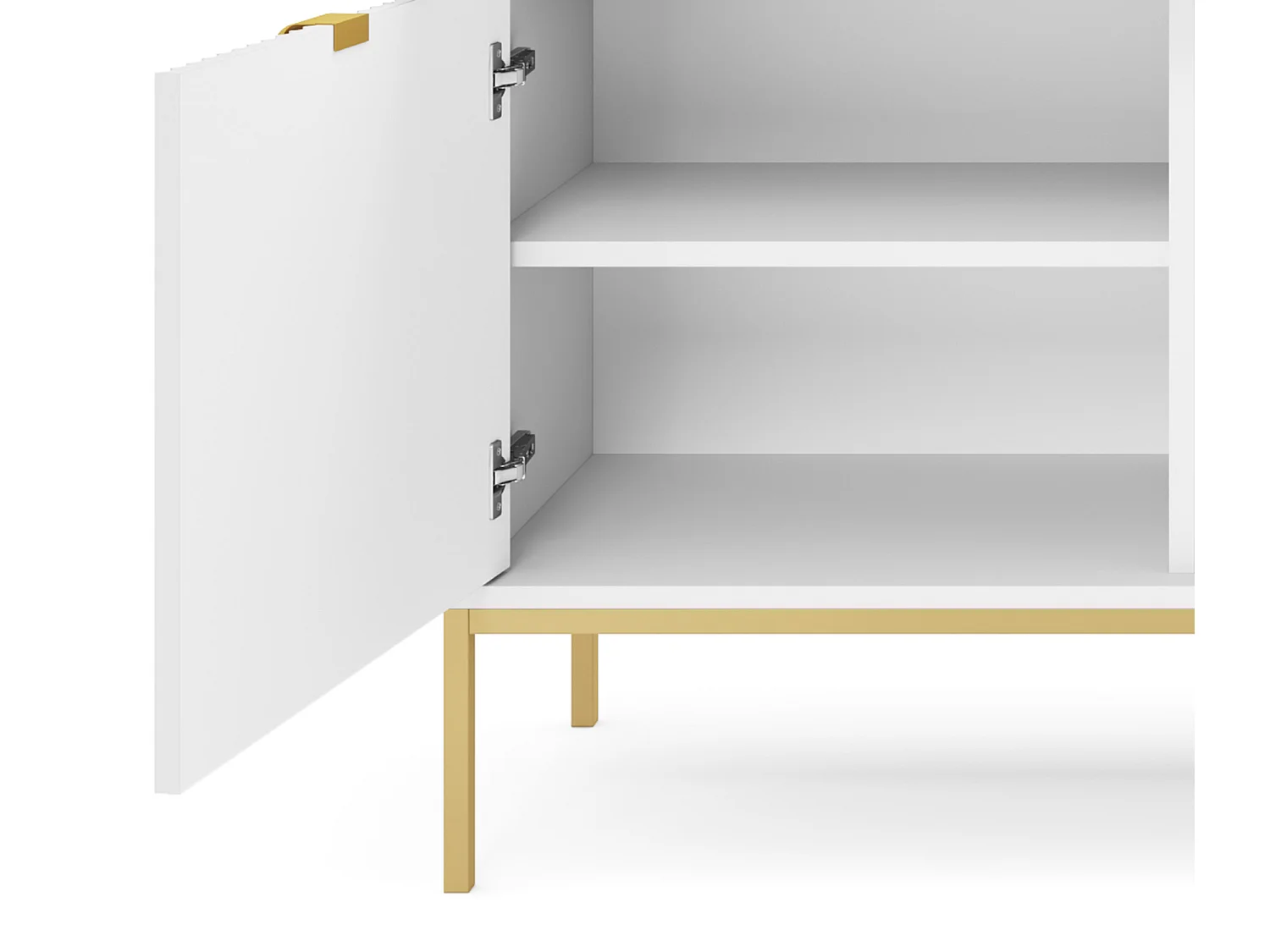 Commode Élégante DomoHome NOVA – 154x83x39cm, Façade Geriffelt, Poignées dorées, Design polyvalent, 3 tiroirs et 3 portes, Blanc, Cadre doré