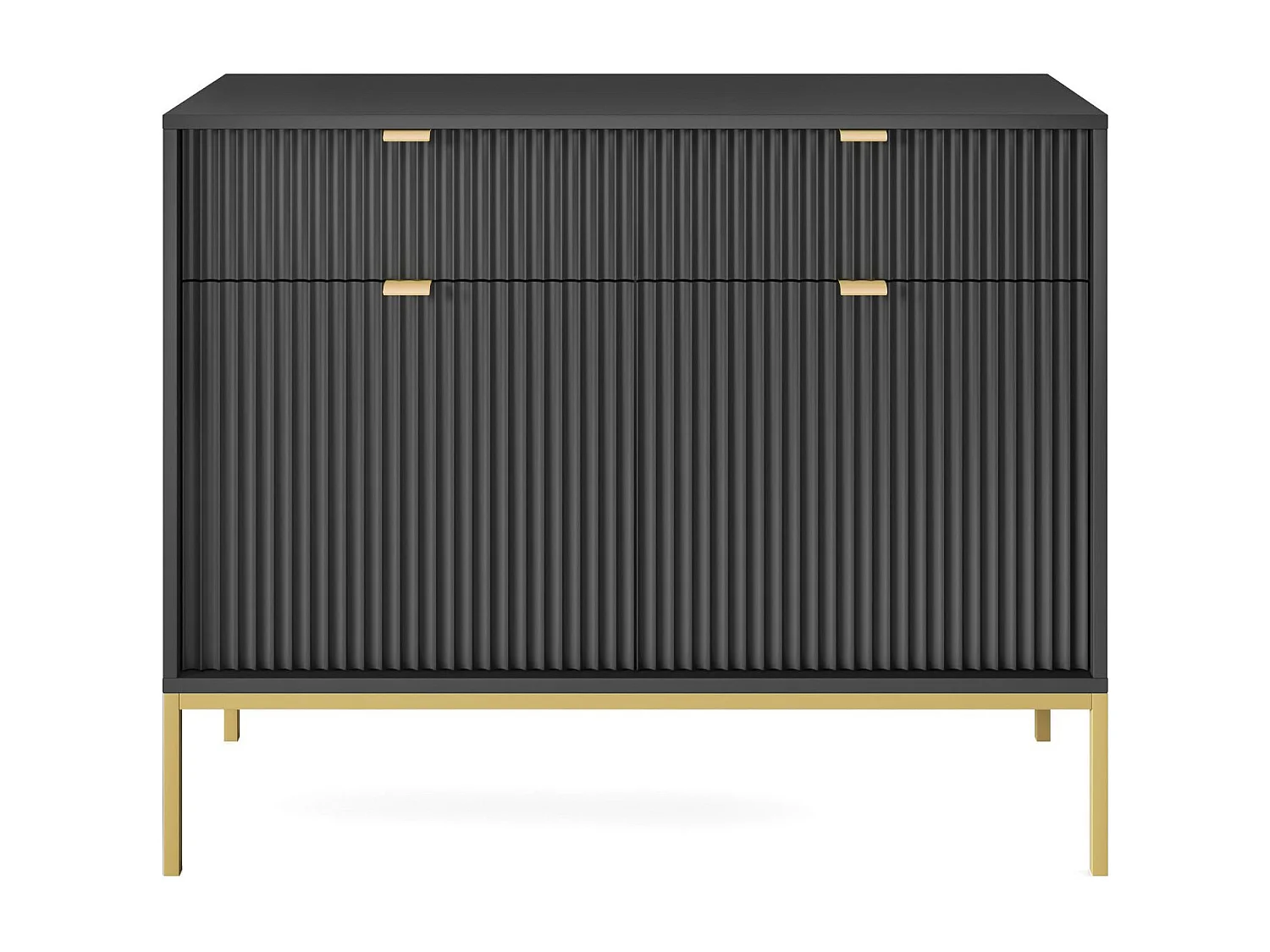 Commode Design NOVA - Couleur : Noir, Façade Geriffelt, 2 portes, 2 tiroirs, 83x104x39cm, Pieds métal dorés, Meuble polyvalent