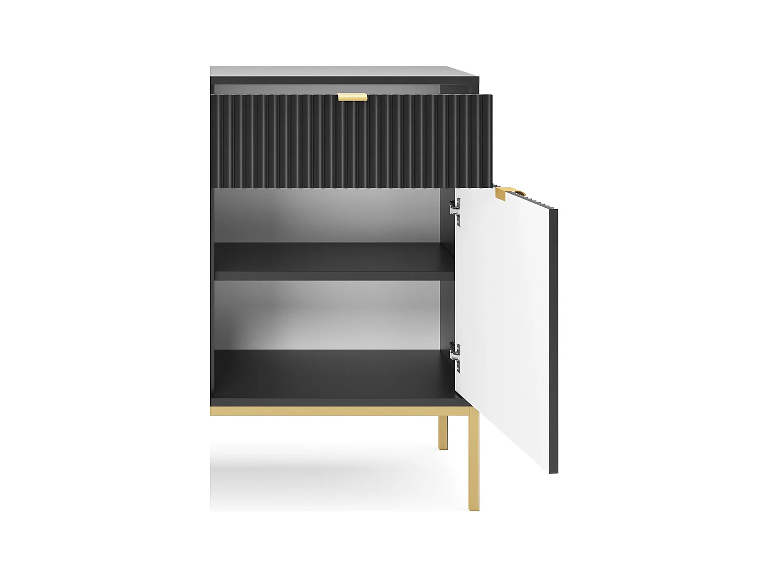 Commode Design NOVA - Couleur : Noir, Façade Geriffelt, 2 portes, 2 tiroirs, 83x104x39cm, Pieds métal dorés, Meuble polyvalent