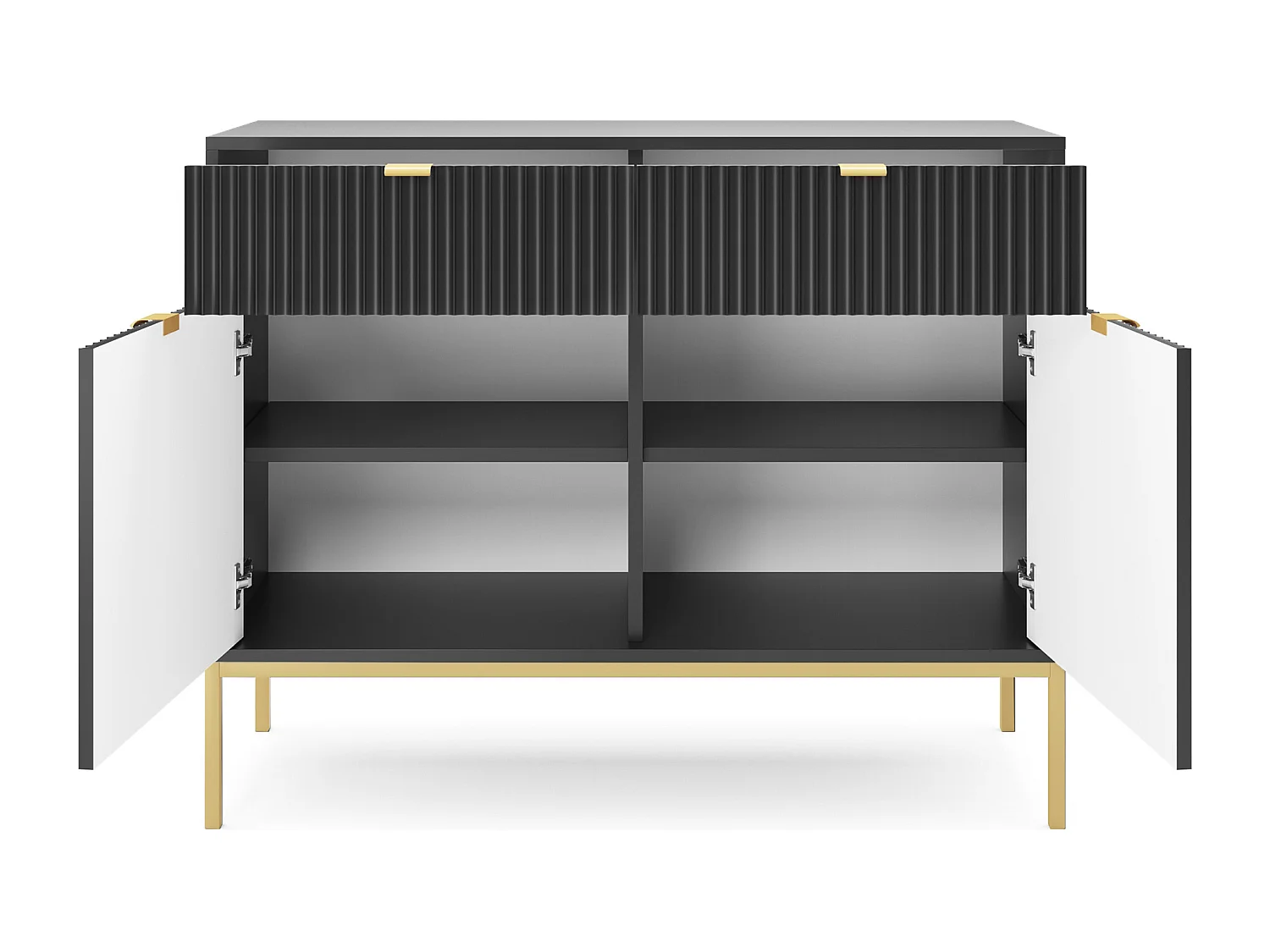 Commode Design NOVA - Couleur : Noir, Façade Geriffelt, 2 portes, 2 tiroirs, 83x104x39cm, Pieds métal dorés, Meuble polyvalent