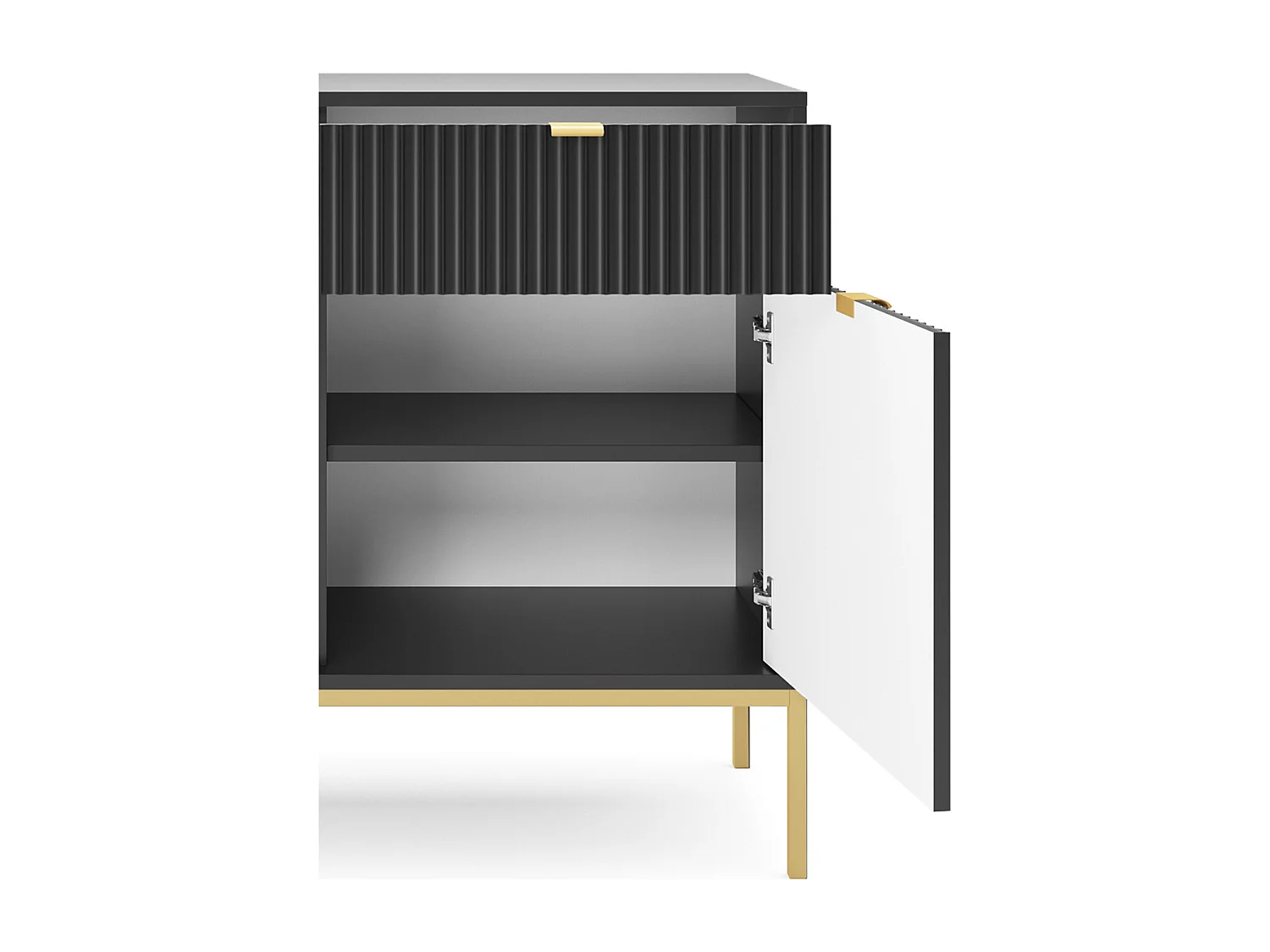 Commode Design NOVA - Couleur : Noir, Façade Geriffelt, 2 portes, 2 tiroirs, 83x104x39cm, Pieds métal dorés, Meuble polyvalent