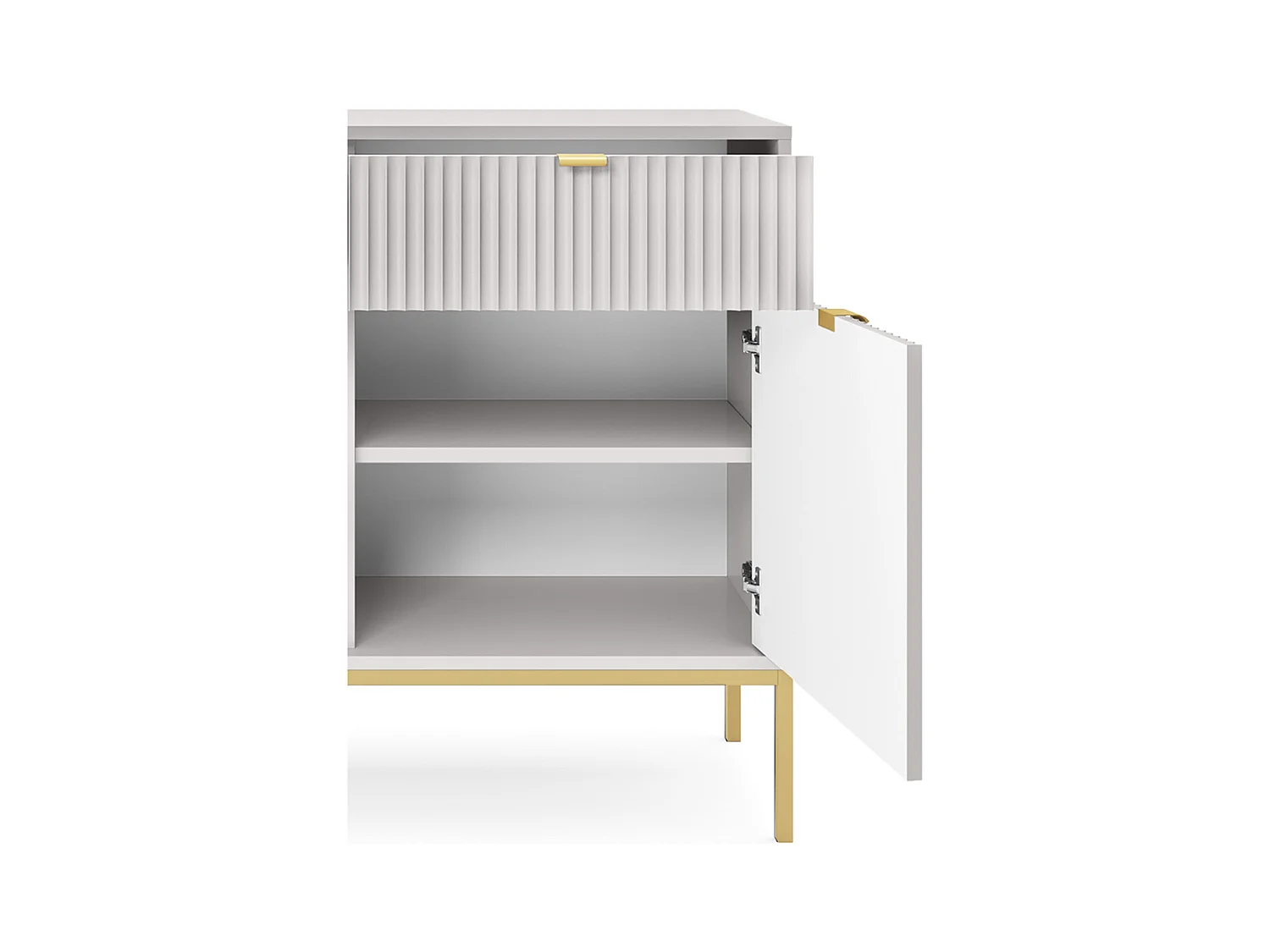 Design-Kommode NOVA – Farbe: Grau, Geriffelte Front, 2 Türen, 2 Schubladen, 83x104x39cm, Goldene Metallfüße, Vielseitiges Möbelstück