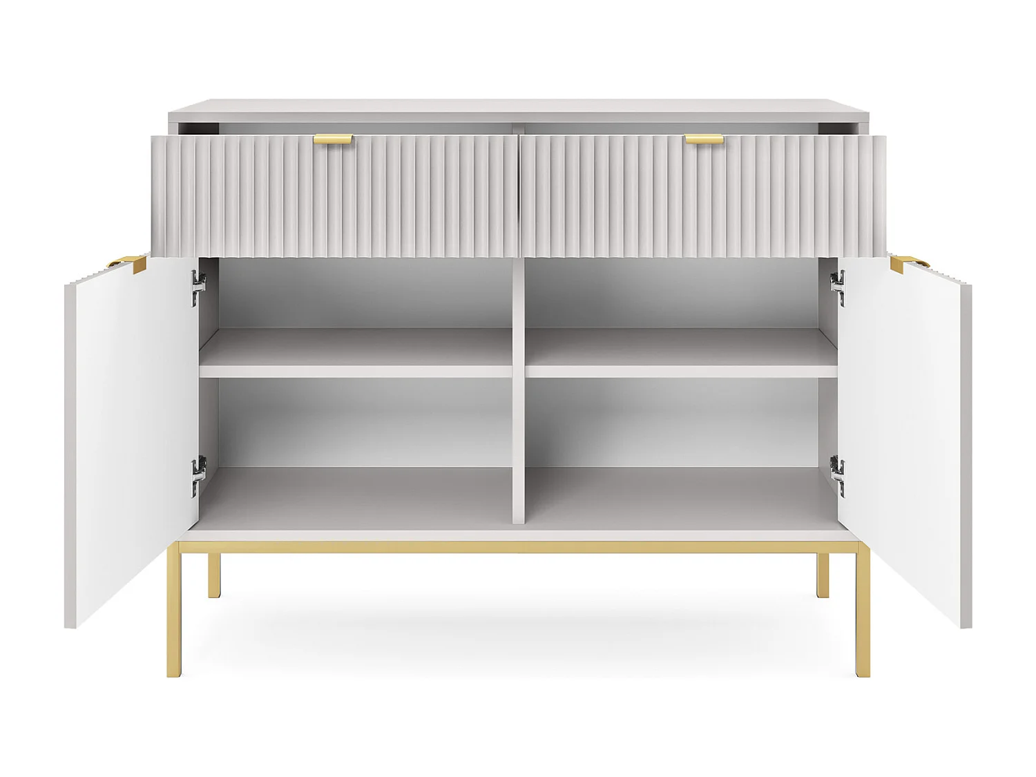 Commode Design NOVA - Couleur : Gris, Façade Geriffelt, 2 portes, 2 tiroirs, 83x104x39cm, Pieds métal dorés, Meuble polyvalent