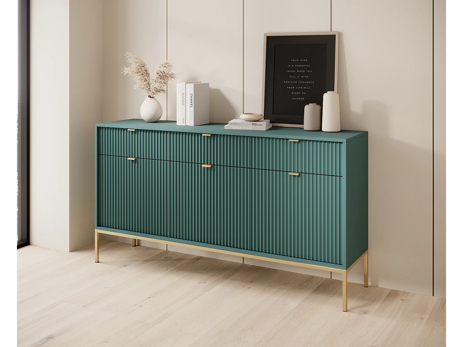 Commode Élégante DomoHome NOVA – 154x83x39cm, Façade Geriffelt, Poignées dorées, Design polyvalent, 3 tiroirs et 3 portes, Labrador, Cadre doré