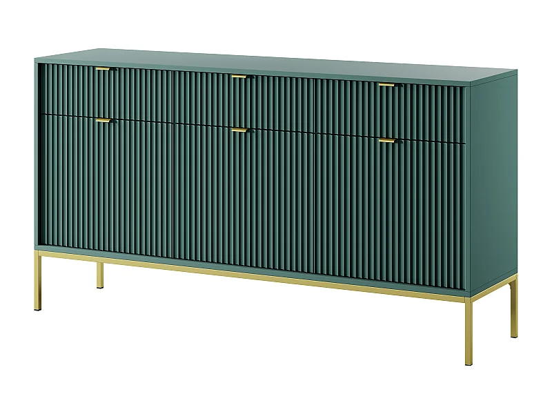 Commode Élégante DomoHome NOVA – 154x83x39cm, Façade Geriffelt, Poignées dorées, Design polyvalent, 3 tiroirs et 3 portes, Labrador, Cadre doré