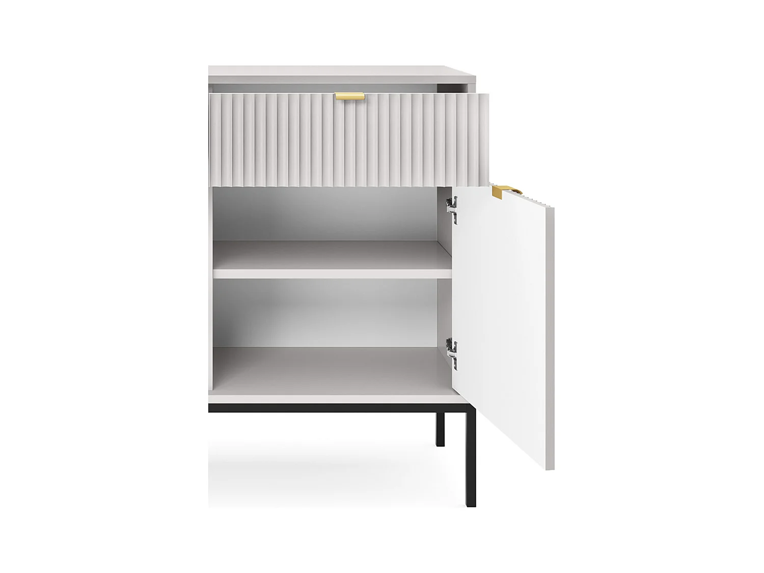 Design-Kommode NOVA – Farbe: Grau, Geriffelte Front, 2 Türen, 2 Schubladen, 83x104x39cm, Schwarze Metallfüße, Vielseitiges Möbelstück