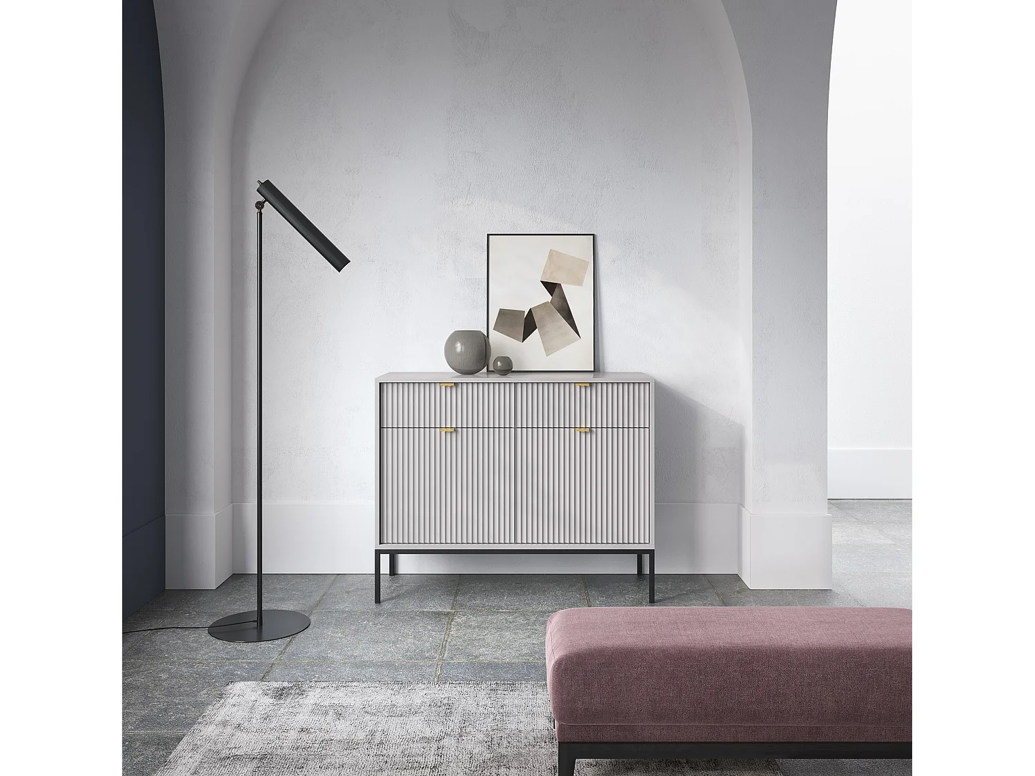 Commode Design NOVA - Couleur : Gris, Façade Geriffelt, 2 portes, 2 tiroirs, 83x104x39cm, Pieds métal noirs, Meuble polyvalent