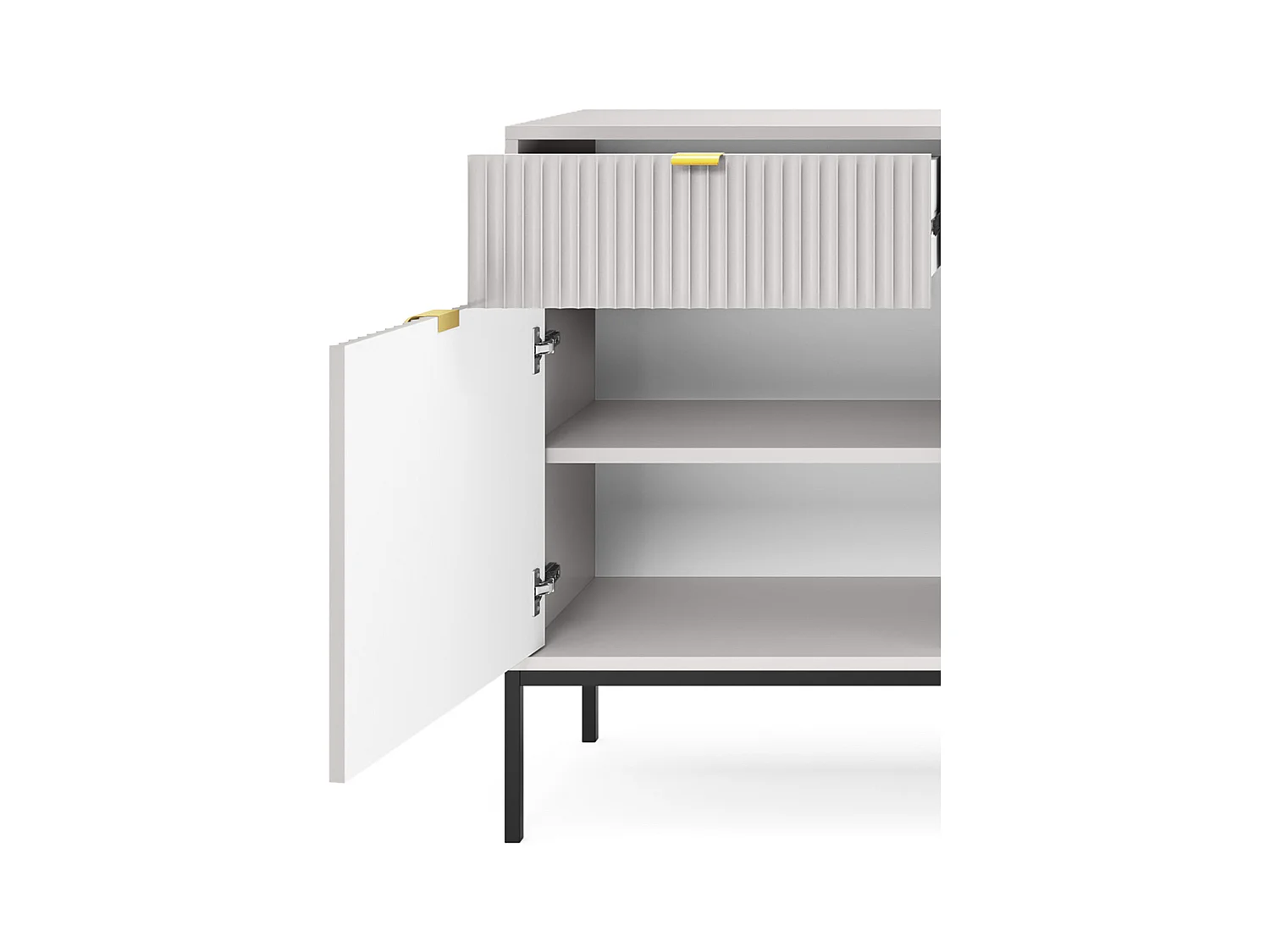 Elegante Kommode DomoHome NOVA – 154x83x39cm, Geriffelte Front, Goldene Griffe, Vielseitiges Design, 3 Schubladen und 3 Türen, Grau, Schwarzer Rahmen