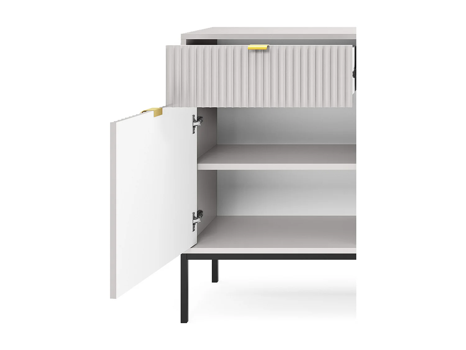 Commode Élégante DomoHome NOVA – 154x83x39cm, Façade Geriffelt, Poignées dorées, Design polyvalent, 3 tiroirs et 3 portes, Gris, Cadre noir