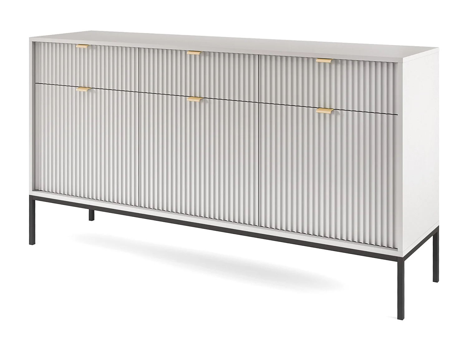 Komoda Elegancka DomoHome NOVA – 154x83x39cm, fasada Geriffelt, złote uchwyty, uniwersalny design, 3 szuflady i 3 drzwi, Szara rama