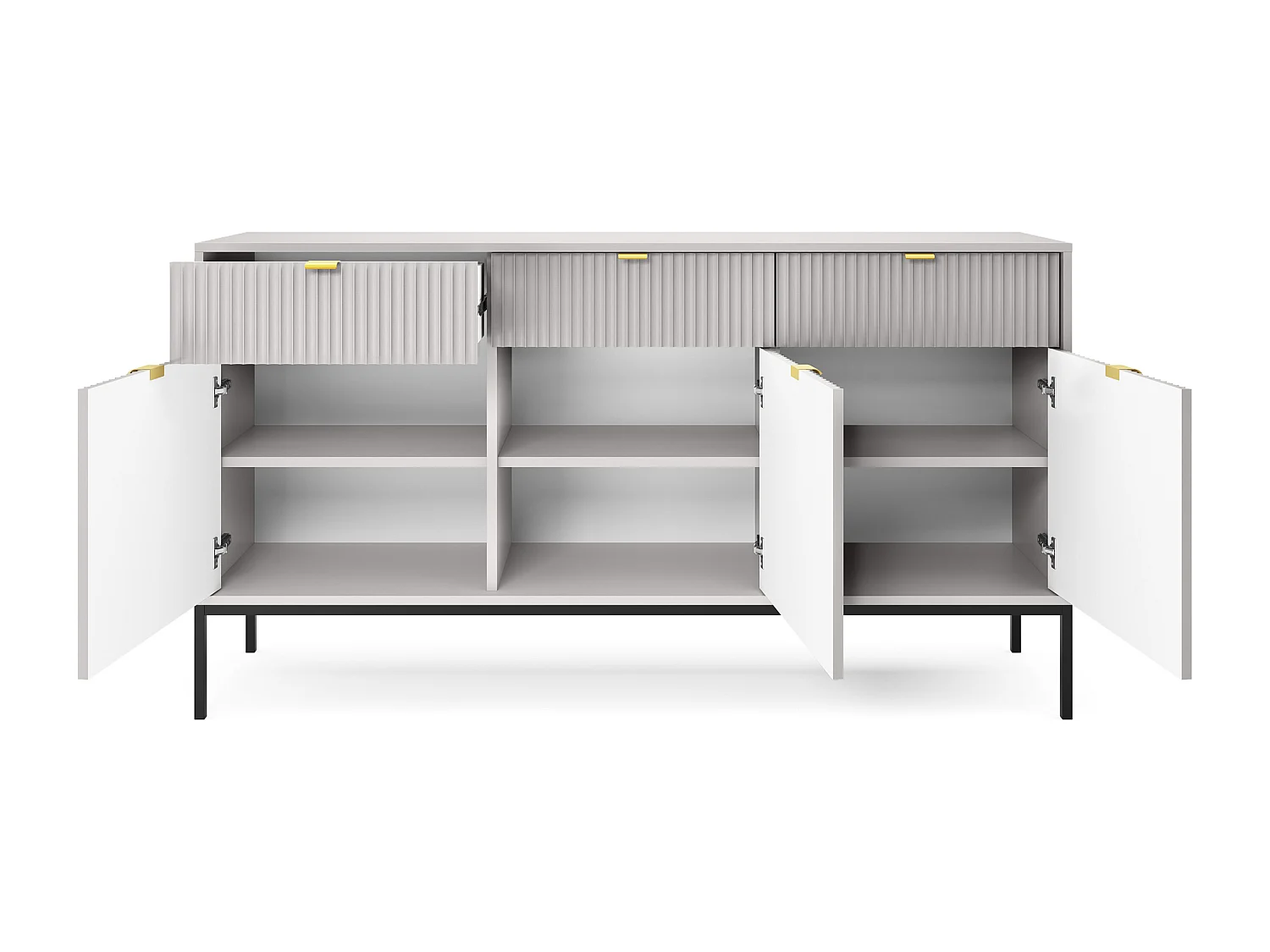 Komoda Elegancka DomoHome NOVA – 154x83x39cm, fasada Geriffelt, złote uchwyty, uniwersalny design, 3 szuflady i 3 drzwi, Szara rama